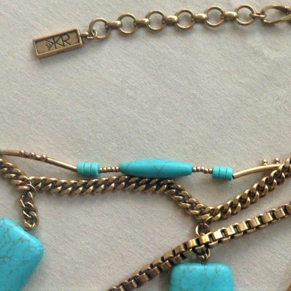 Silpada Turquoise Blue Tablet Beads Brass Chain Link Bid Statement Necklace - Picture 4 of 7